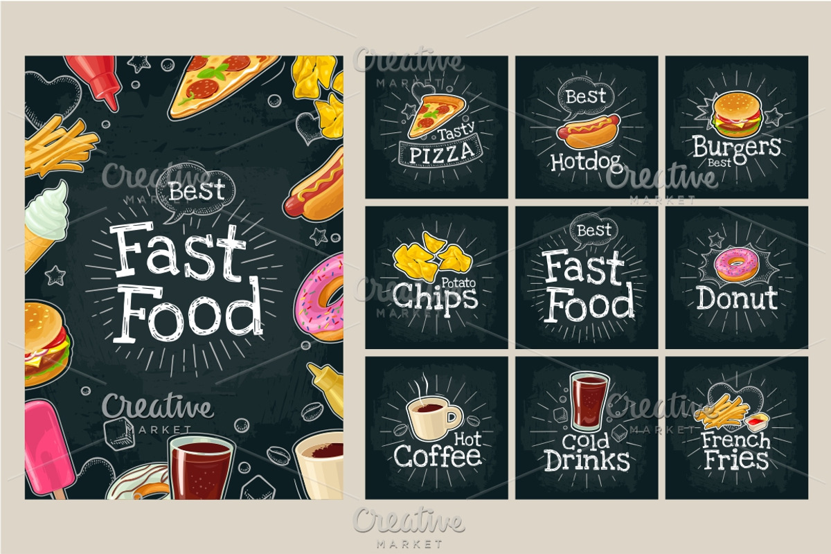 Poster fast food. Vector color flat illustration on dark background, an ...