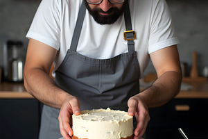 Man Prepares Cheesecake in Kitchen, a Food & Drink Photo by Stock Shape