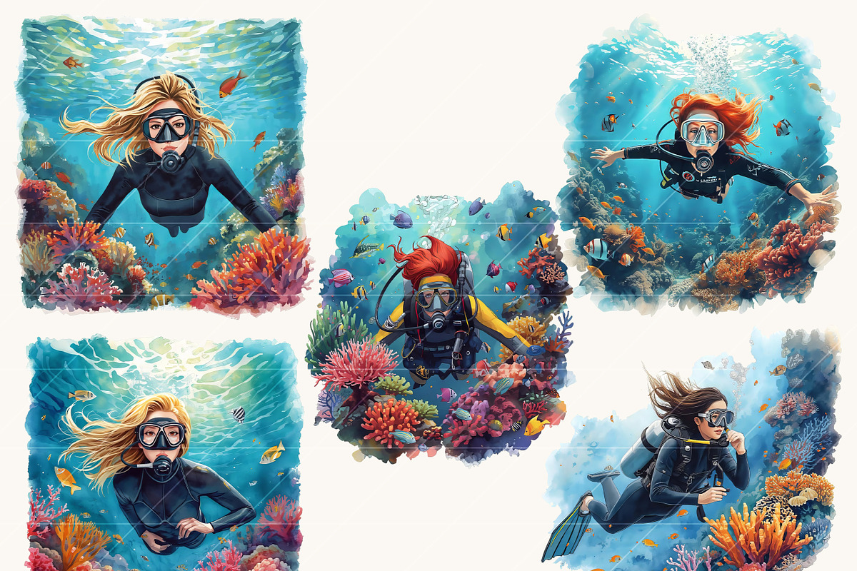 Watercolor Woman Diving Clipart, a Person Illustration by Design Scotch (Photo 4 of 8)