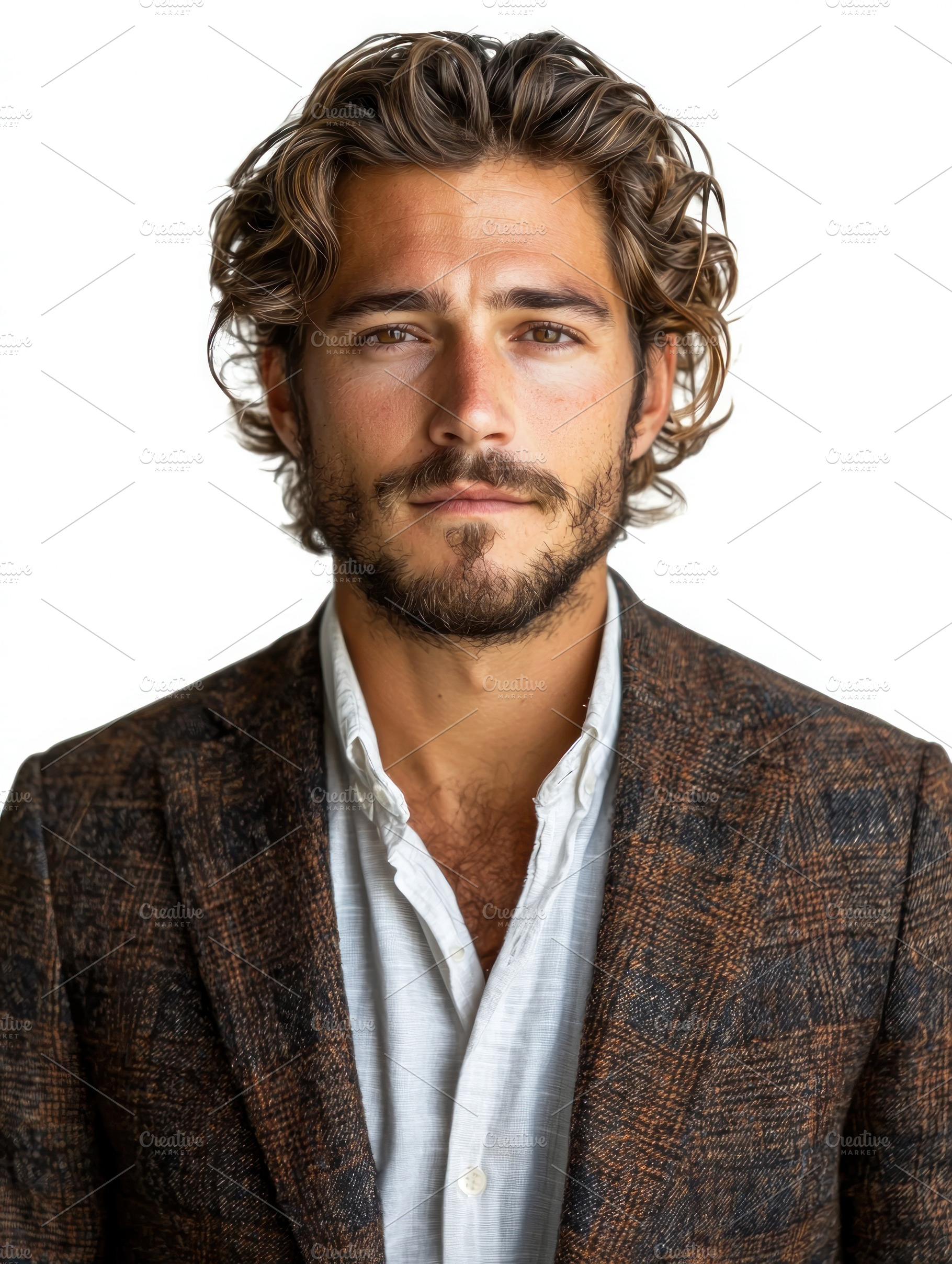 Confident man with wavy brown hair and beard in stylish blazer a, a Person Photo by José Manuel Gelpi