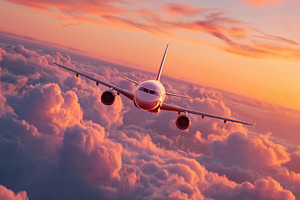 Airplane gliding through vibrant clouds at sunset over the horizon, a Photo by AlyaAnd