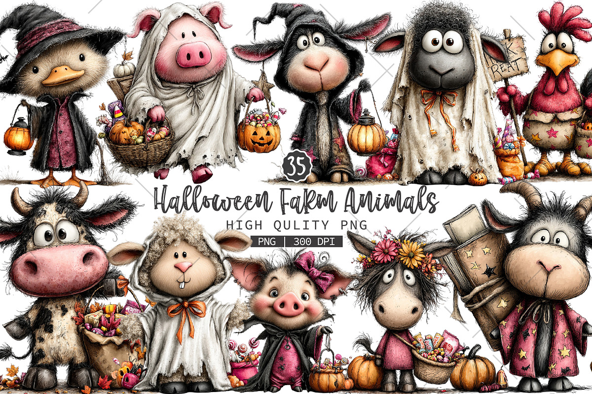 Halloween Farm Animals Clipart, a Seasonal Illustration by OK Design (Photo 1 of 6)