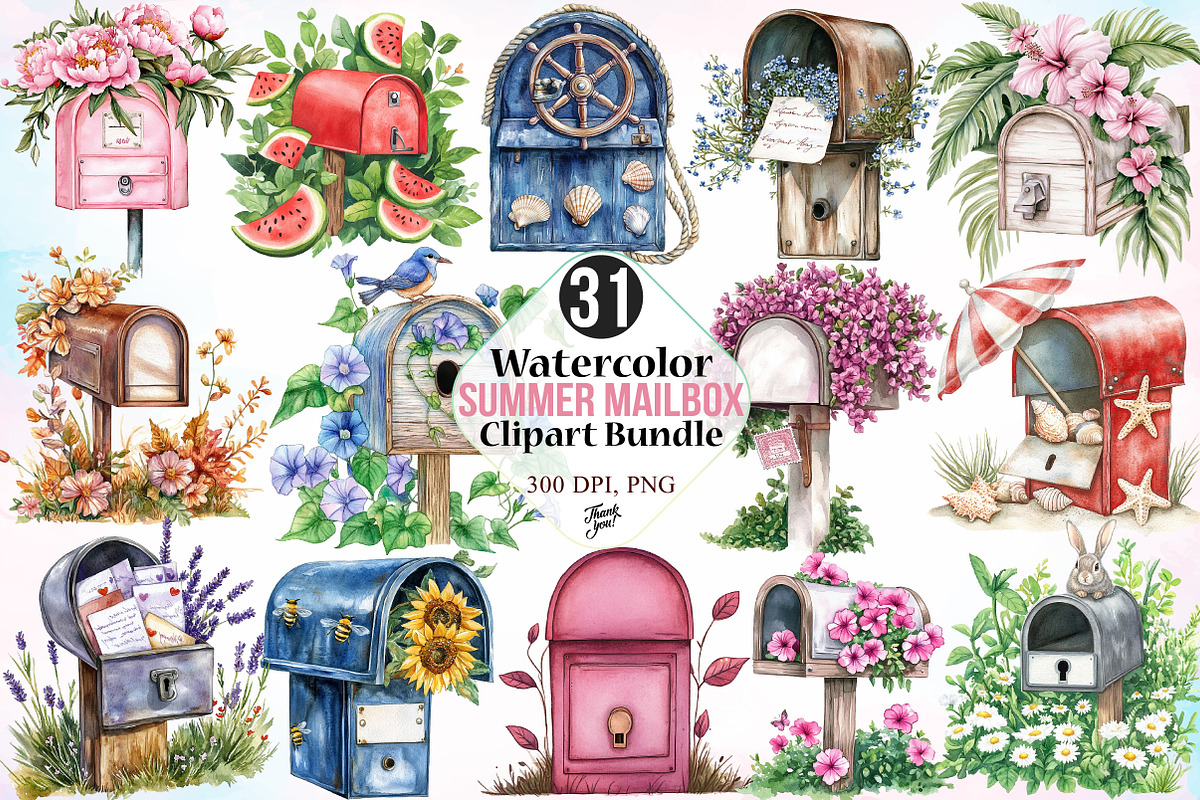 Watercolor Summer Mailbox Clipart, an Illustration by Canvas Craft (Photo 1 of 4)