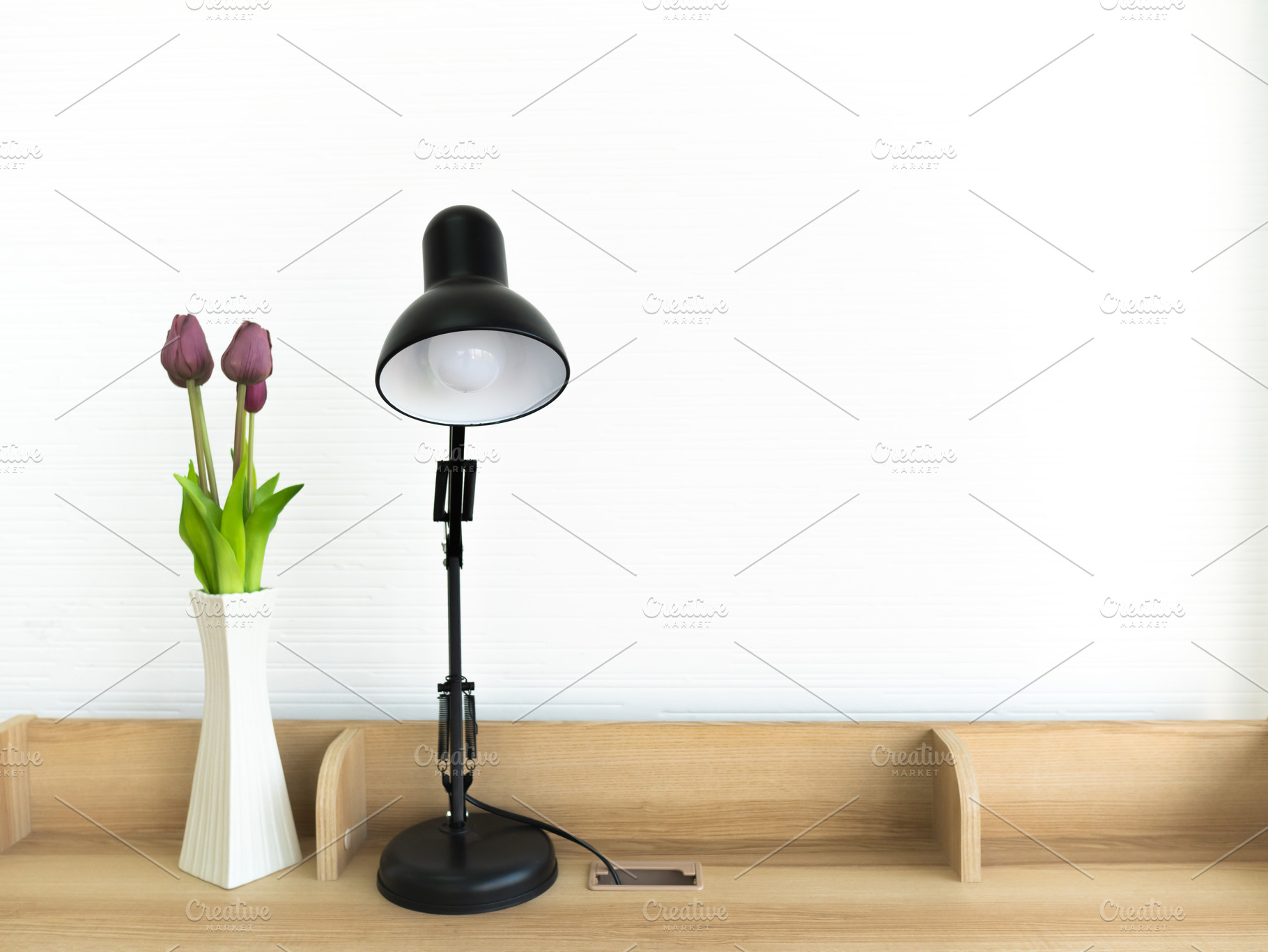 Tulip and Black Lamp on Table, an Architecture Photo by MergeIdea