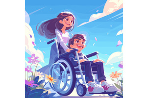 Girl pushes boy in wheelchair, a Person Illustration by Stock-Smart-Start