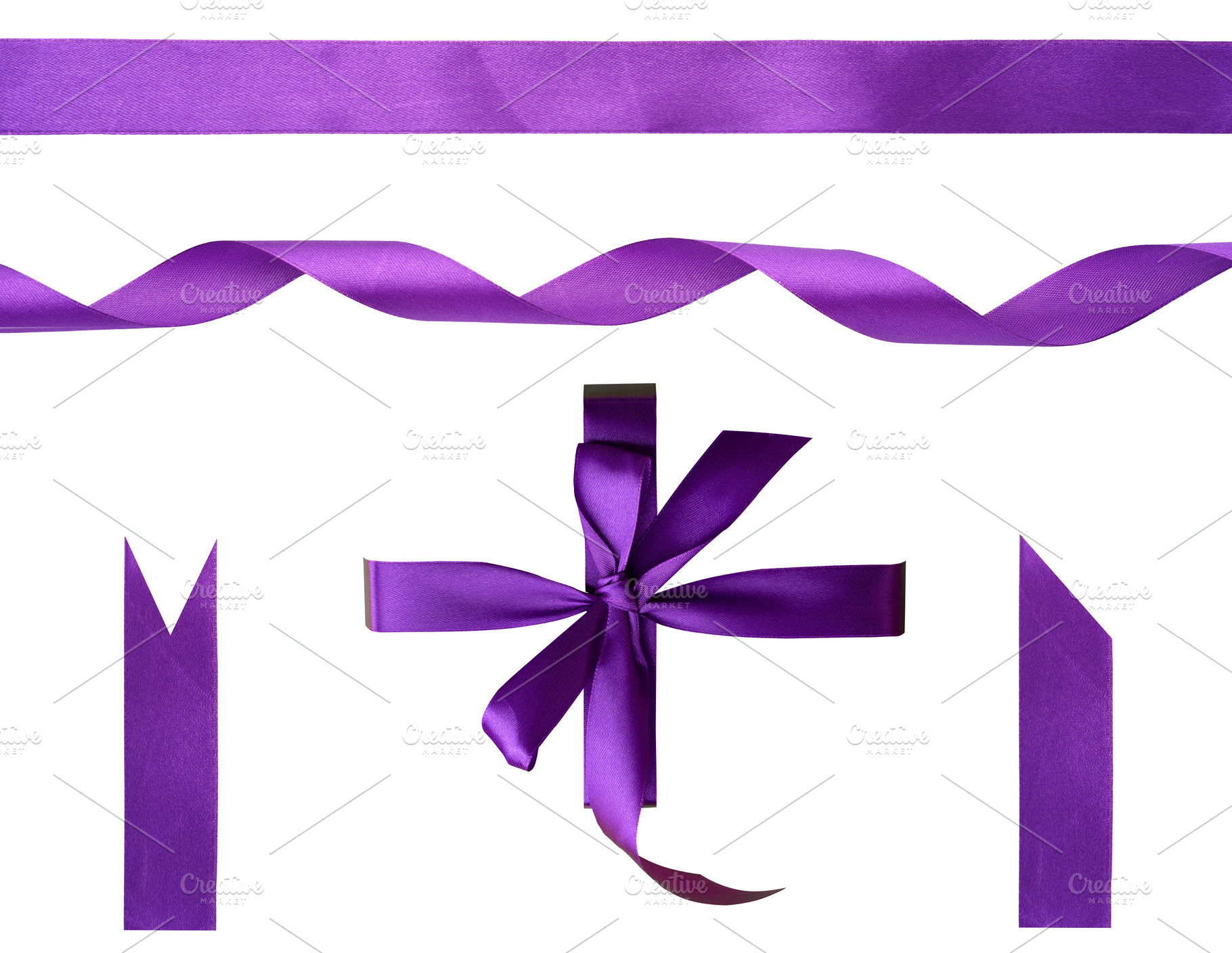 Set of purple satin ribbon elements on isolated background, a Holiday Photo by ndanko