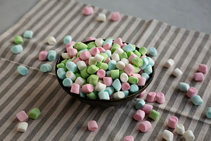 Fruity Colored Rainbow Marshmallows in a Bowl, side view., a Food & Drink Photo by LiudmylaChuhunova