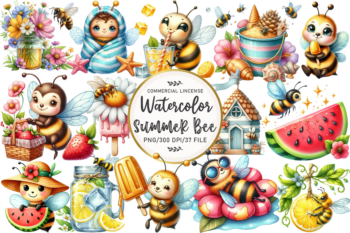 Watercolor Summer Bee Clipart, an Illustration by OK Design (Photo 1 of 5)