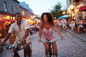 Couple enjoys cycling through a vibrant street in a charming city during the ev, a Person Photo by AlyaAnd