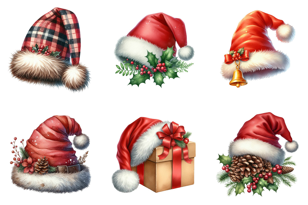 Watercolor Santa Hat Clipart Bundle, an Illustration by SinaCreation (Photo 3 of 7)