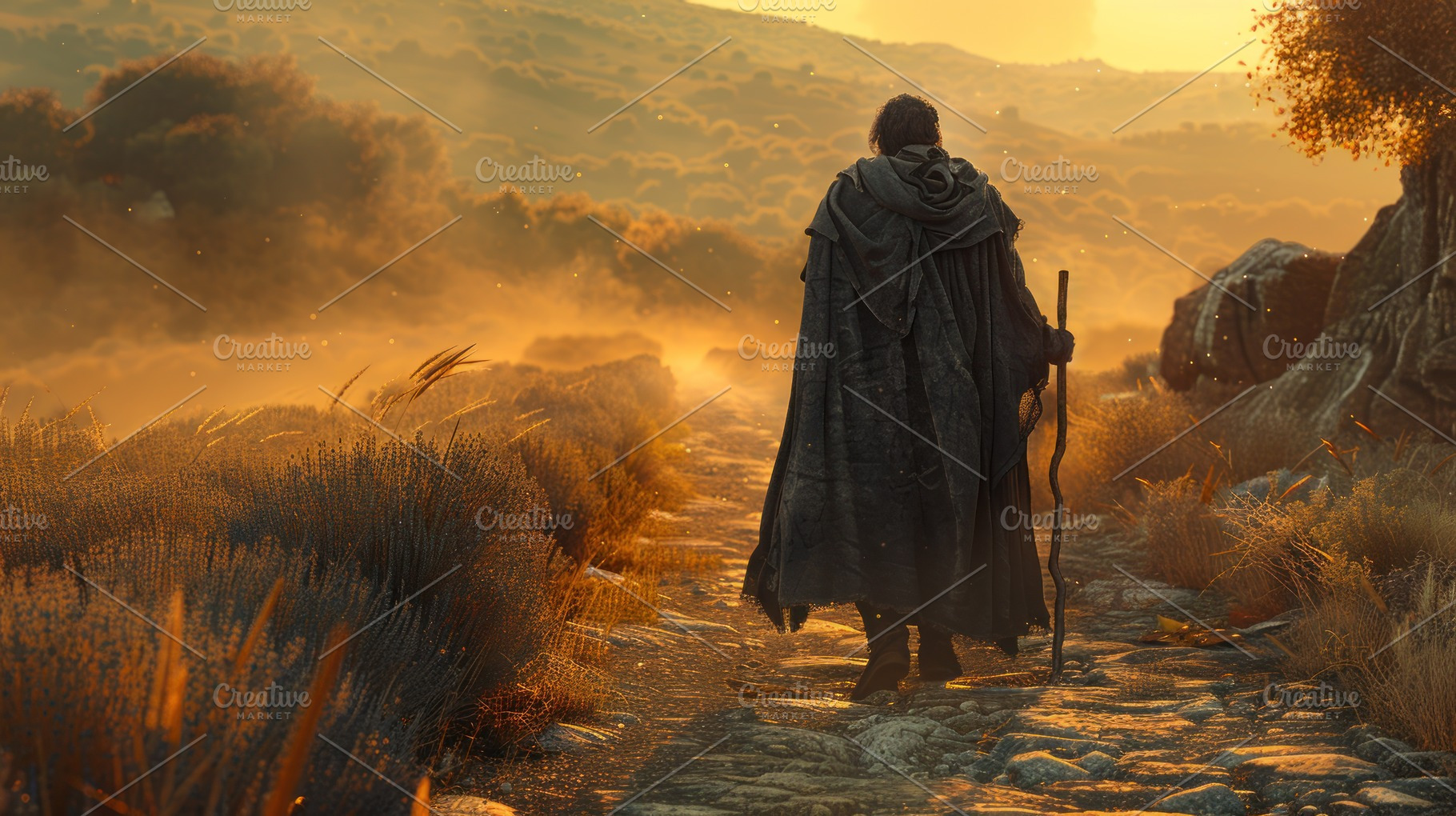 Wanderer walking a glowing forest path at sunrise with mystical, a Photo by José Manuel Gelpi