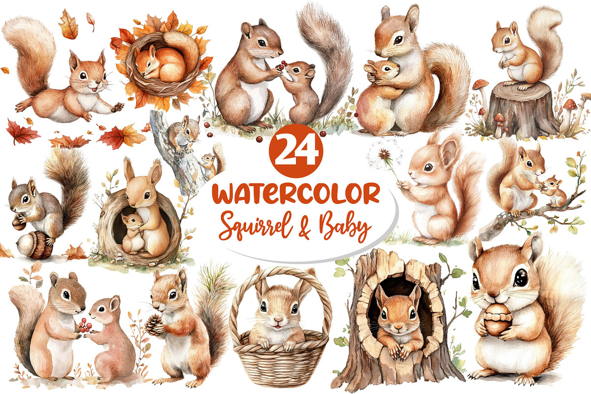 Watercolor Squirrel & Baby Clipart, an Illustration by Dream Creation (Photo 1 of 5)