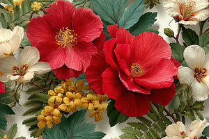 Red and yellow tropical garden flowers with lush green leaves an, a Nature Photo by José Manuel Gelpi