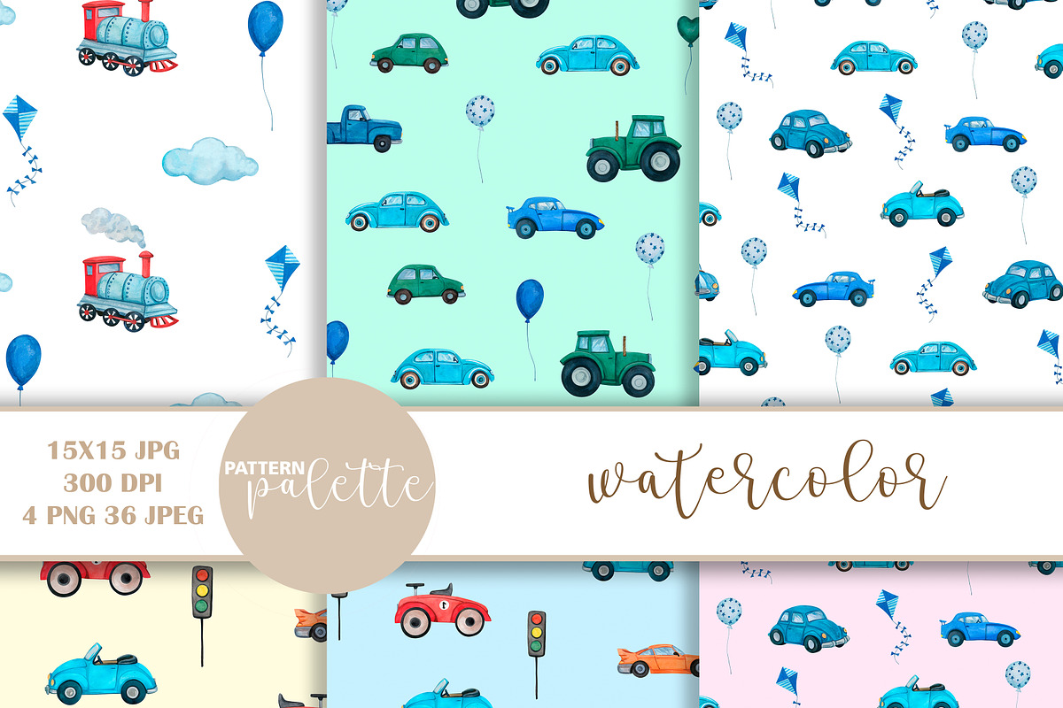 Watercolor blue cars patterns, a Pattern Graphic by PatternPalette (Photo 7 of 11)