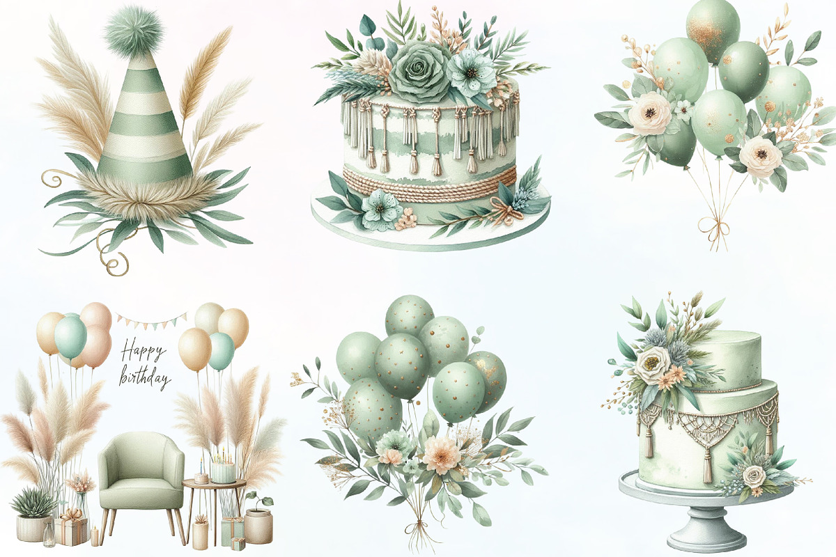 Boho Sage Green Birthday Clipart, an Illustration by CraftArtStudio (Photo 2 of 5)
