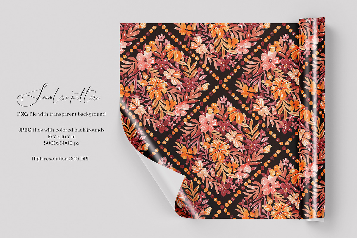 Watercolor Fall Floral Grid Pattern, a Pattern Graphic by SirenaArt (Photo 2 of 12)