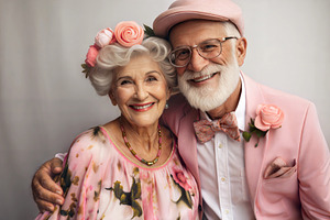 Elderly couple smiling, dressed in matching pink outfits, gray b, a Person Photo by ImageMir