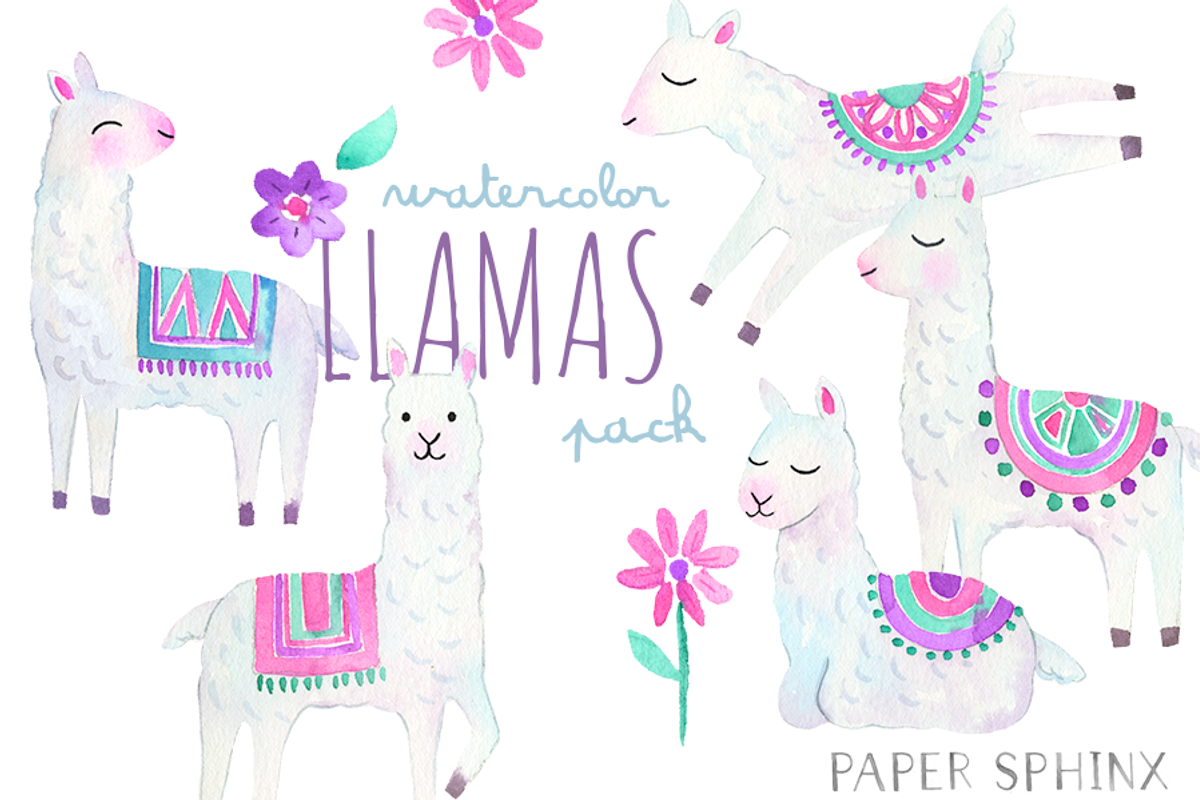 Watercolor Llamas Art Pack, an Animal Illustration by PaperSphinx (Photo 1 of 2)