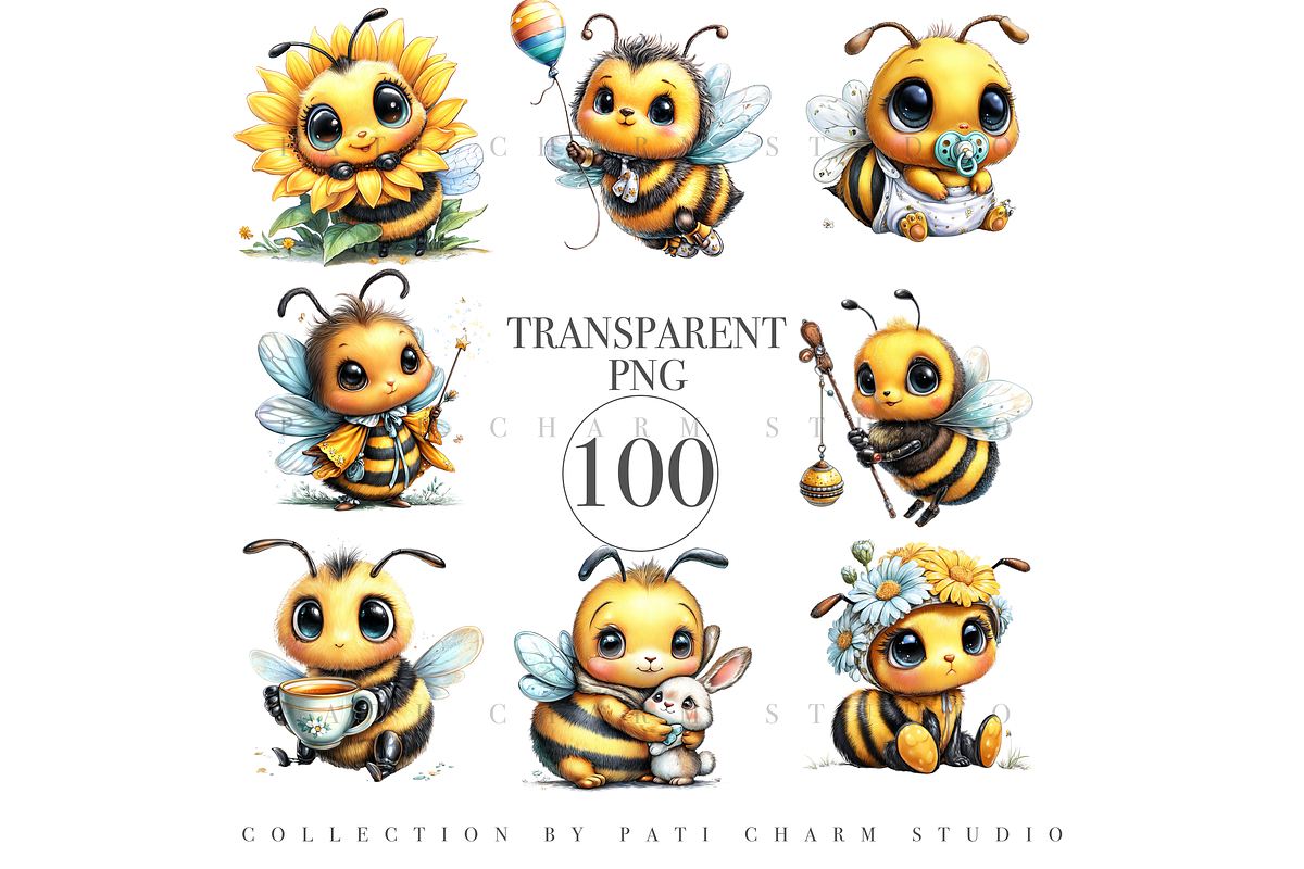 100 Cute Baby Bee PNG Cliparts, an Animal Illustration by Pati Charm Studio (Photo 1 of 9)
