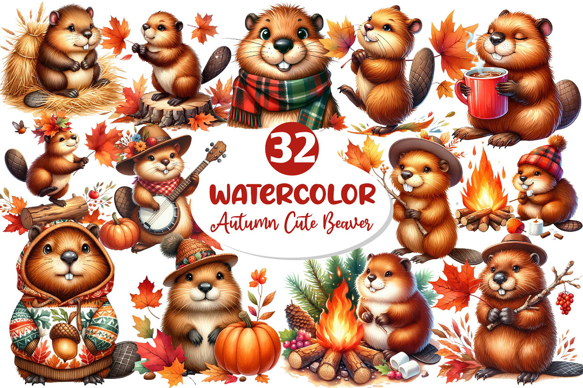 Autumn Cute Beaver Clipart, an Illustration by Dream Creation (Photo 1 of 6)
