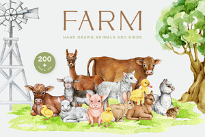 Farm Animals & Birds Hand Drawn Set