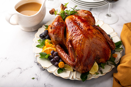 Thanksgiving or Christmas turkey on a serving plate, a Food & Drink Photo by farwasser
