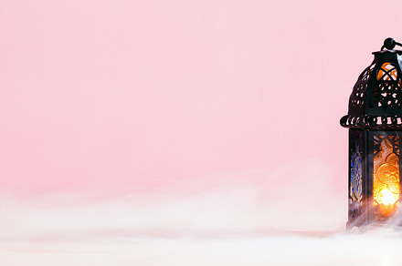 Ramadan Kareem banner design with lantern on pastel pink background with smoke., a Holiday Photo by photoguns