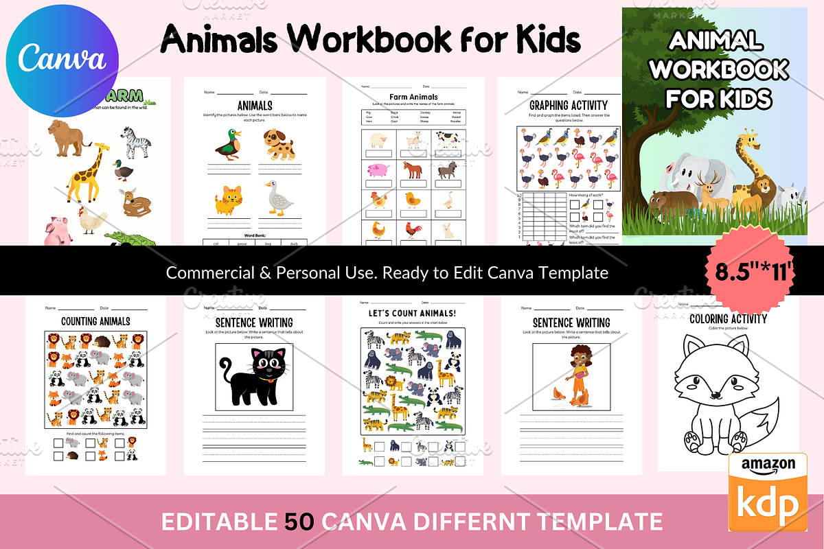 Animals Workbook for Kids Canva KDP, a Stationery Template by Akrinity Digital