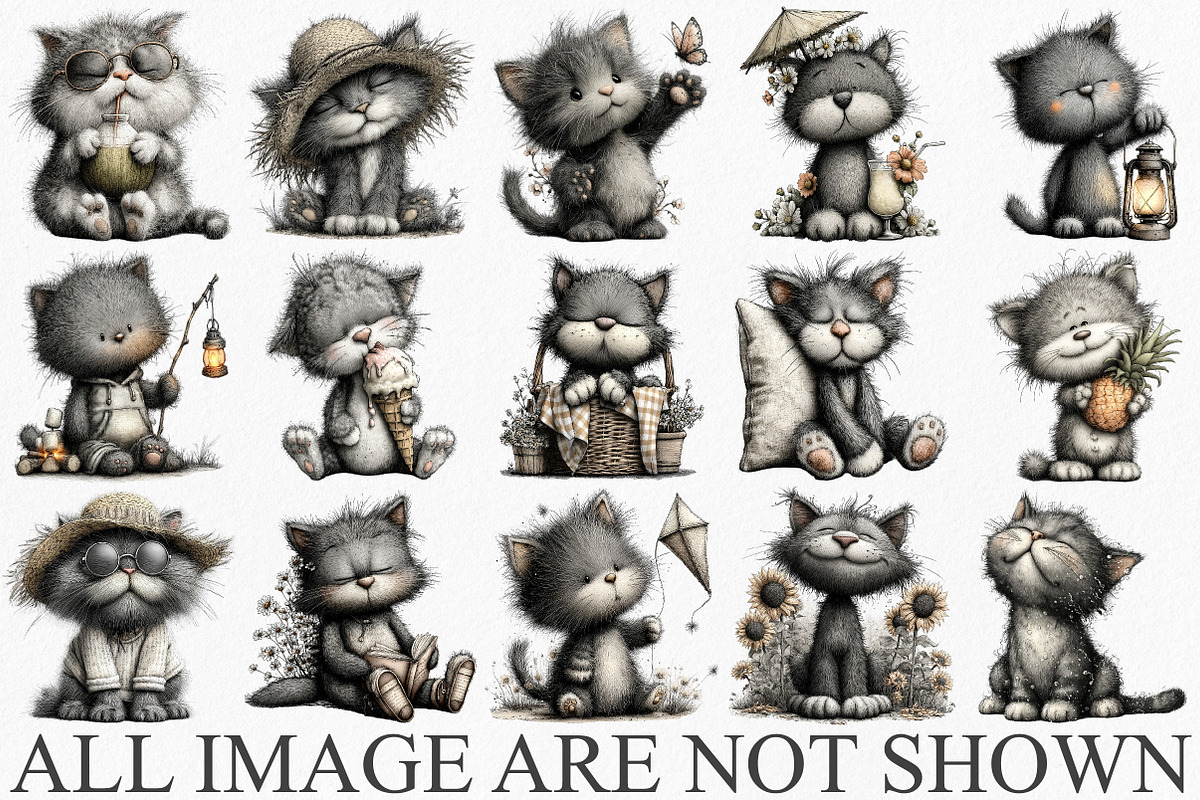Whimsical Summer Gray Cat Clipart, an Illustration by Canvas Craft (Photo 3 of 7)