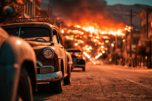 Vintage car on street with dramatic fire backdrop, a Transportation Photo by AlyaAnd