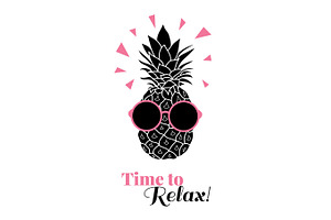 Time To Relax Vector Pineapple Wearing Colorful Sunglasses On Summer Vacation Tropical Lement. Great For Vacation Themed Prints, Gifts, Packaging.