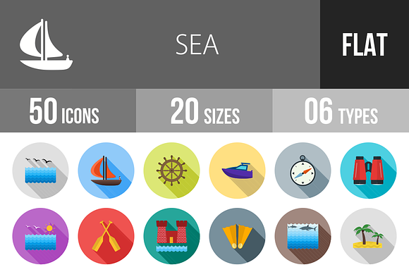 50 Sea Flat Shadowed Icons preview 4