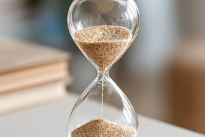 Elegant glass hourglass with golden sand, a Business Photo by AlyaAnd