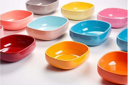 Colorful empty ceramic bowls sitting, a Food & Drink Photo by Ylivdesign