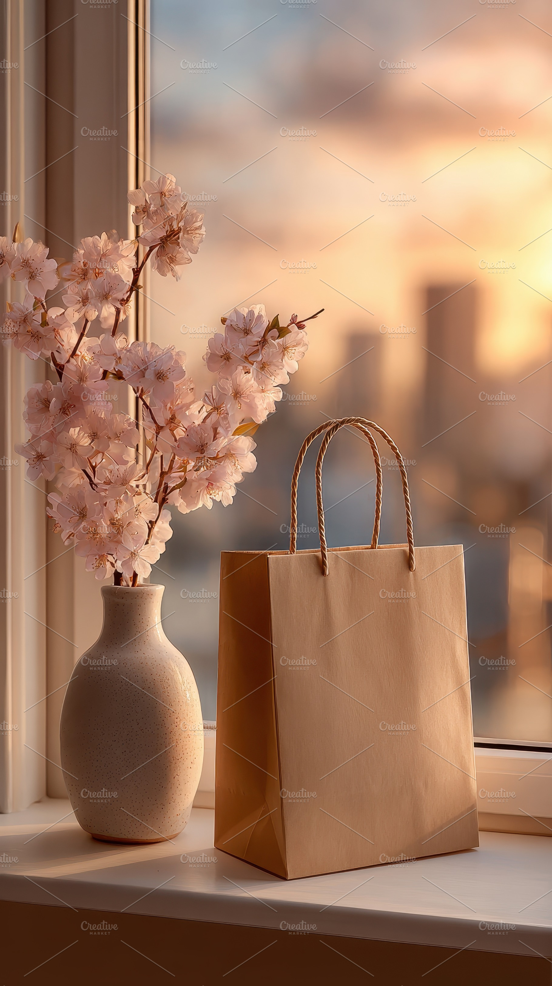 Spring blossoms and a shopping bag o, a Photo by Pixeness Studio