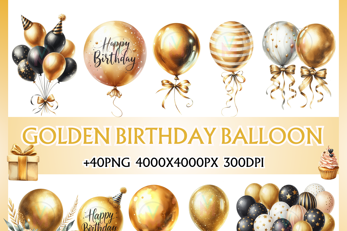 Gold Balloons birthday Clipart, png, a Decorative Illustration by VM PARTYS  BY TAIRUMA (Photo 1 of 10)