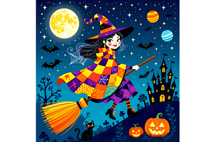 Little Witch and Halloween Black Cat, a Person Illustration by Sharon Schwalbe