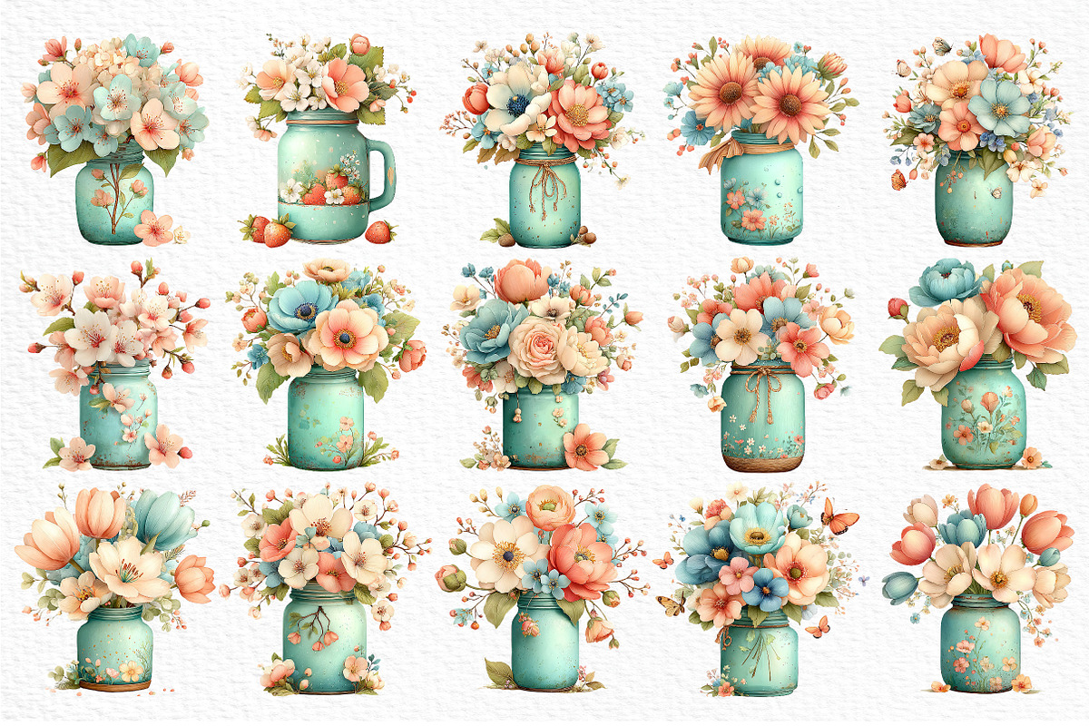Watercolor Spring Mason Jar Clipart, an Illustration by Craft Nest (Photo 6 of 12)