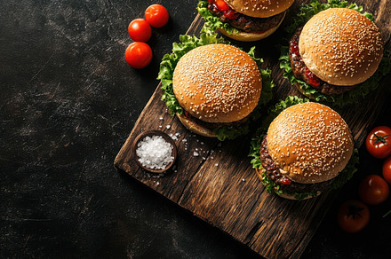 Delicious burgers on a wooden board, a Photo by Beautiful things