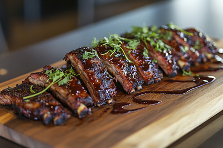 Tasty ribs on wood board, a Photo by Beautiful things