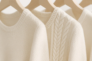 White knitted sweaters hanging on wooden hangers, textile fashio, a Photo by Dvoevnore photos