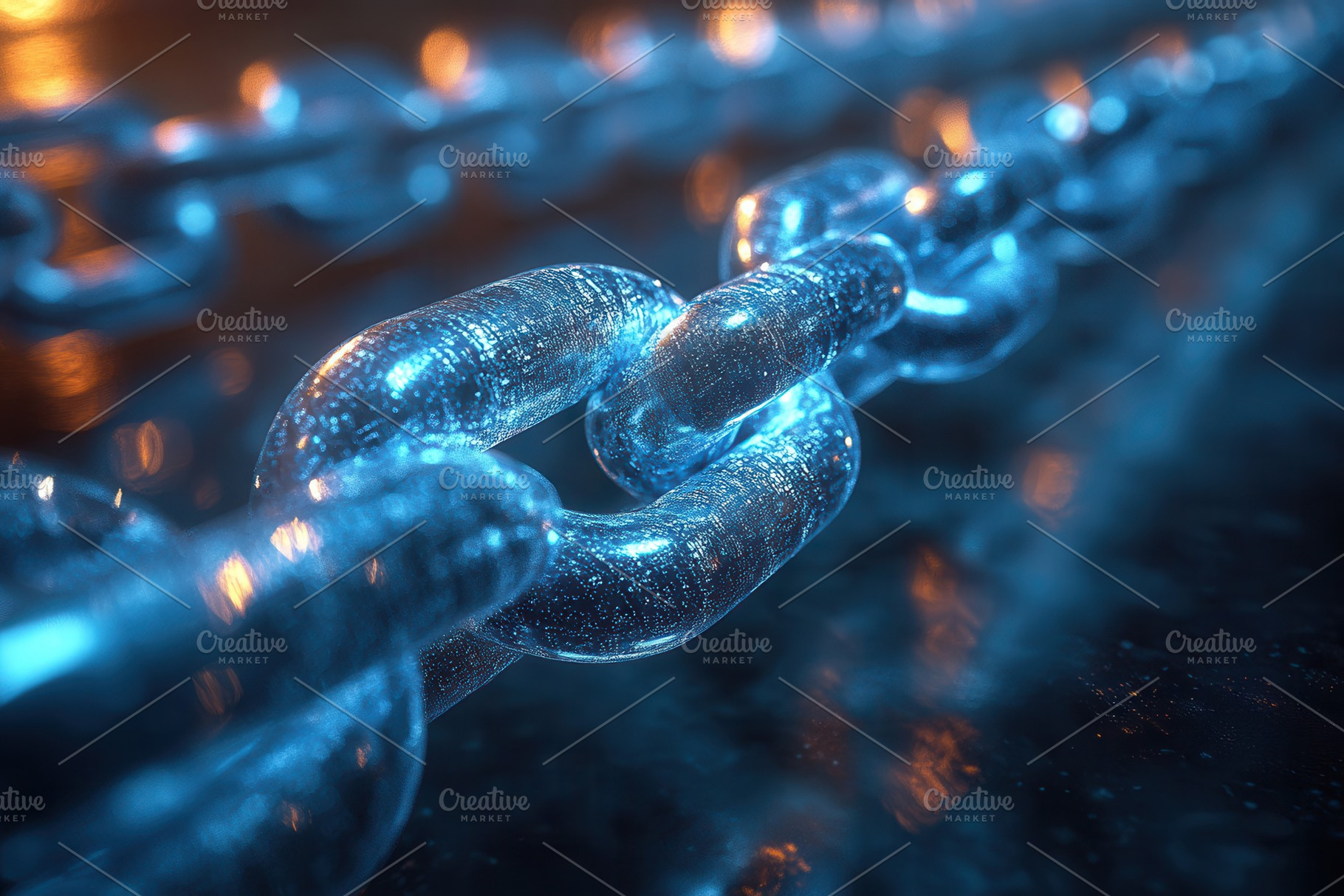 Glowing blue chain links against a d, a Photo by Tanuart