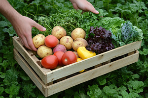 Farmer's hands holding crate full of different ripe vegetables, a Food & Drink Photo by AlyaAnd