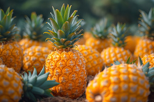 Ripe pineapples glow under sunlight, showcasing their vibrant ye, a Food & Drink Photo by ImageMir