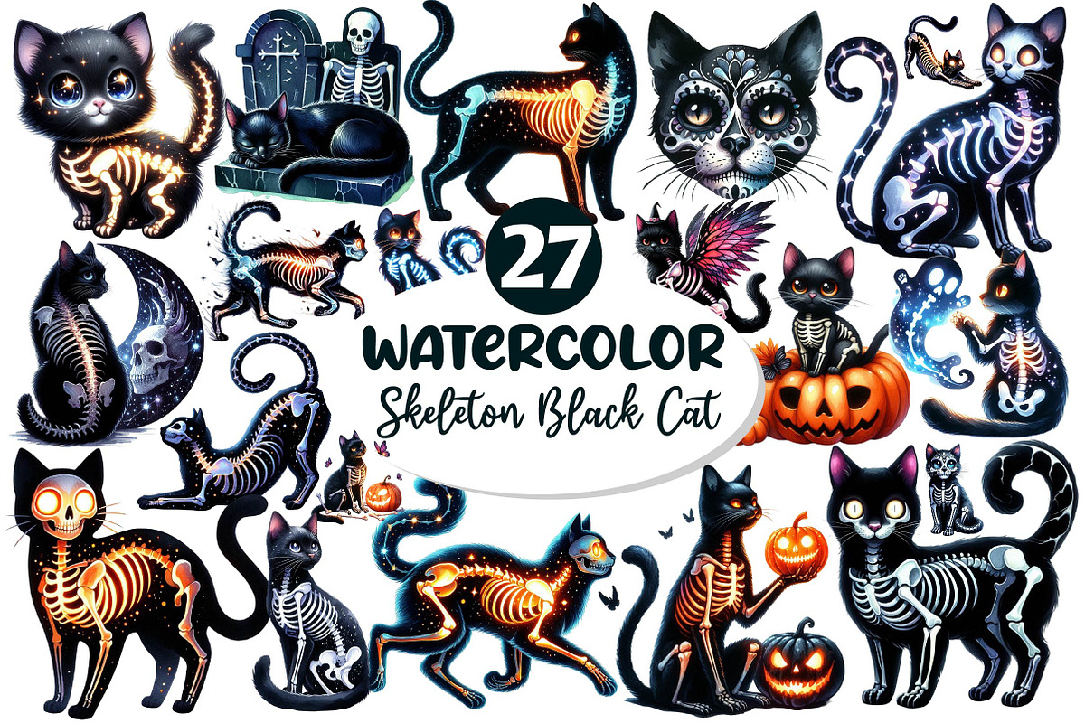 Skeleton Black Cat Clipart PNG, an Illustration by Dream Creation (Photo 1 of 6)