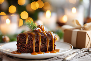 Delicious slice of chocolate sponge cake topped with caramel drizzle and garnis, a Photo by AlyaAnd