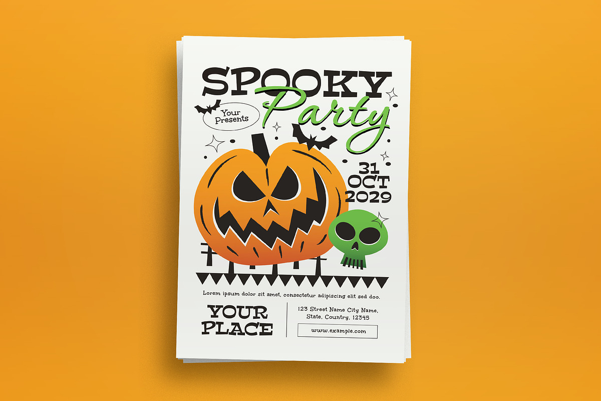 Orange Flat Spooky Party Flyer, a Flyer Template by graphicook (Photo 2 of 3)