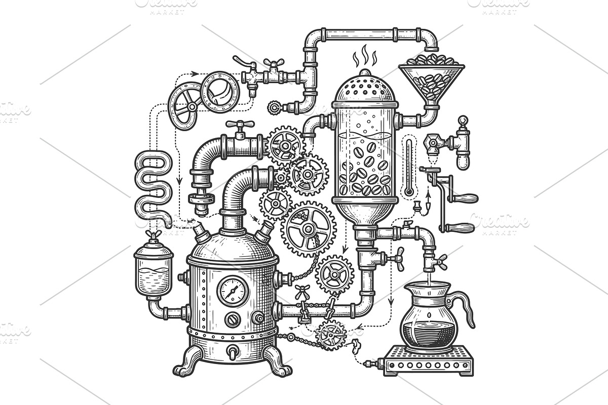 Vintage Coffee Brewing Machine with, an Illustration by AlexArt