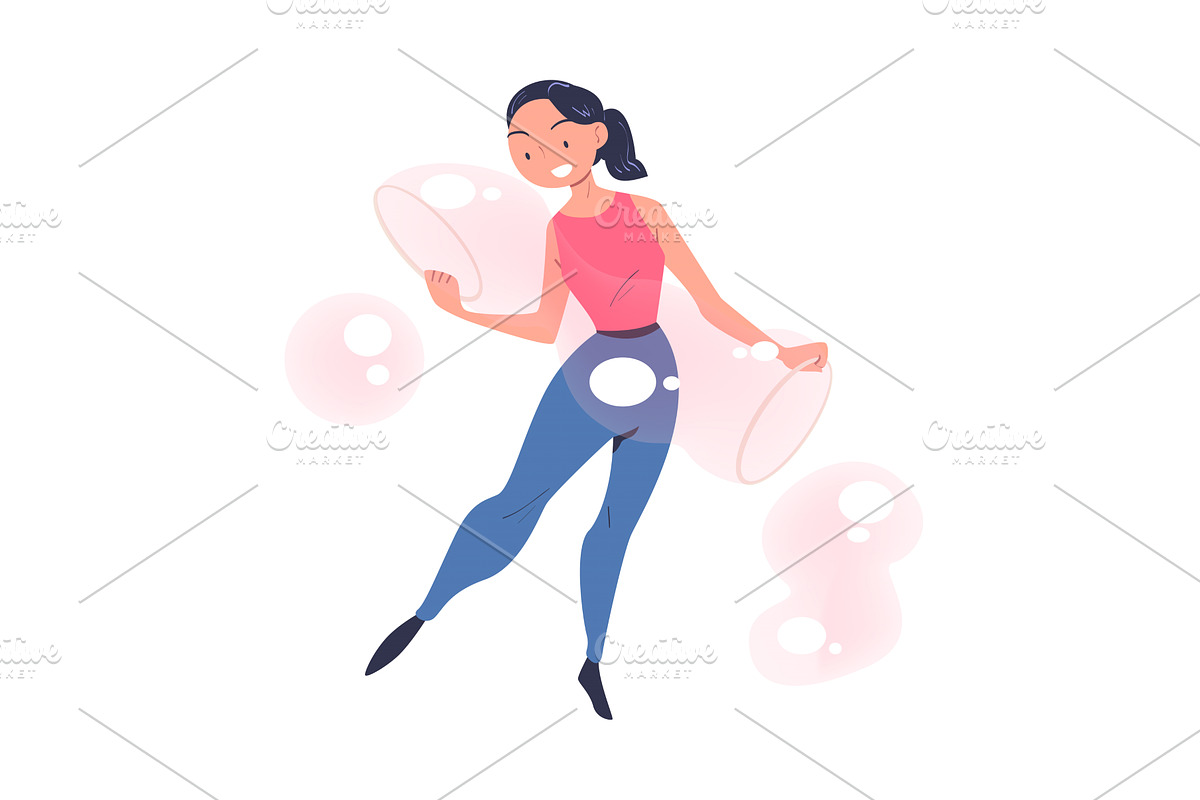 Happy Woman Performing Soap Bubble, a Person Illustration by TopVectors
