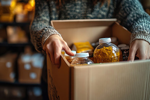Person packing box with assorted foo, a Background Photo by Pixeness Studio